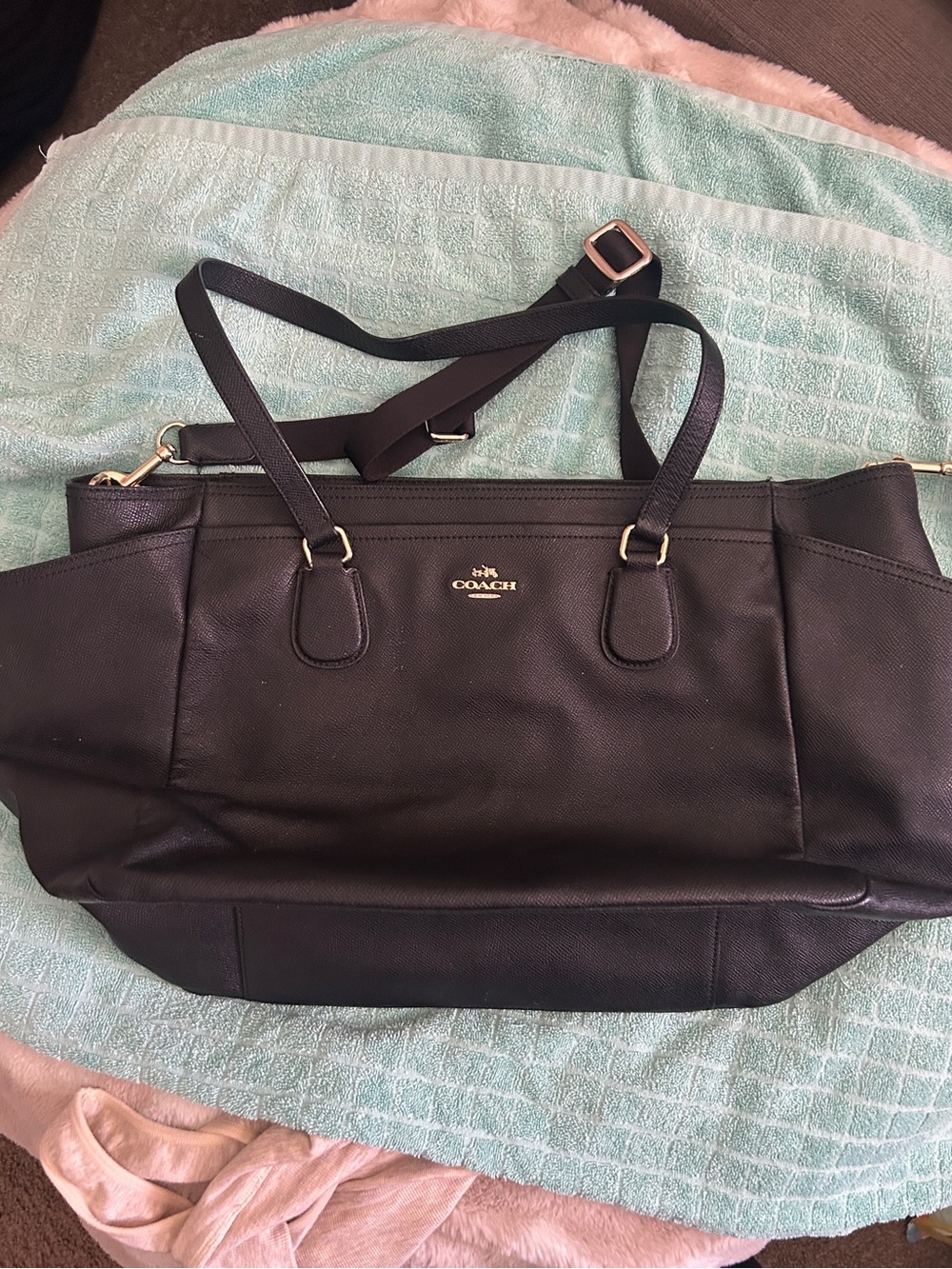Coach Black Pebbled Leather Tote with Adjustable Strap baby diaper bag